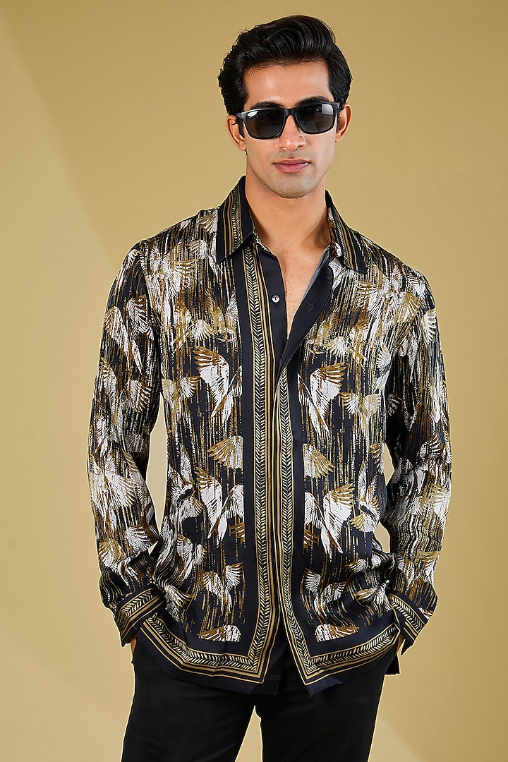 Black-Olive Silk Printed Wedding Shirt by Rohit Gandhi & Rahul Khanna Men at Pernia's Pop Up Shop