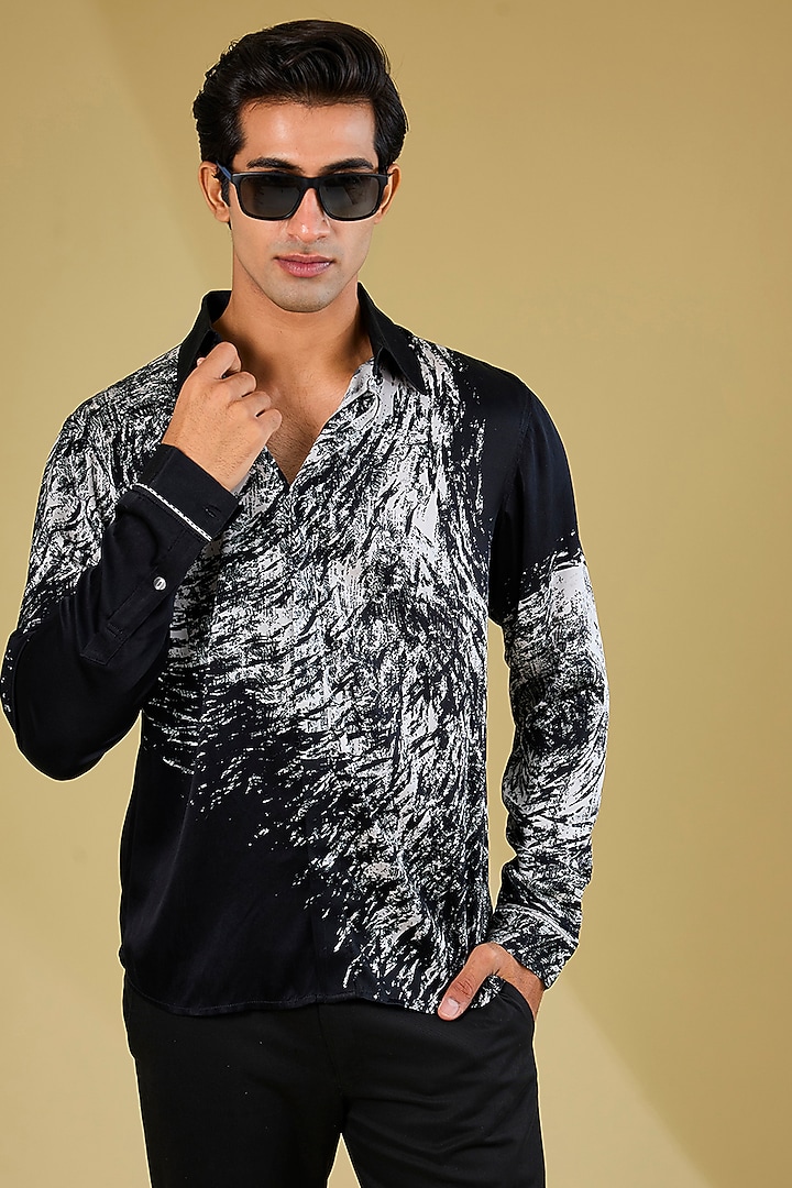 Black & White Silk Printed Wedding Shirt by Rohit Gandhi & Rahul Khanna Men at Pernia's Pop Up Shop