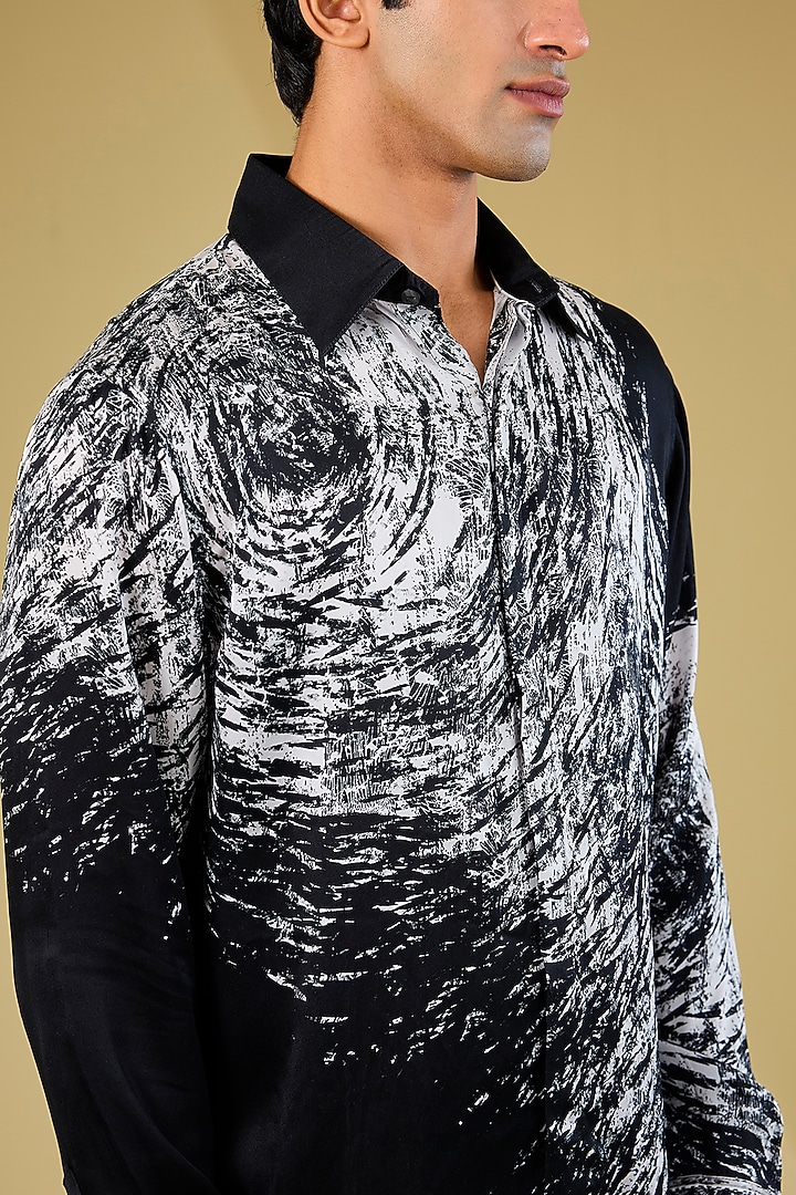 Black & White Silk Printed Wedding Shirt by Rohit Gandhi & Rahul Khanna Men at Pernia's Pop Up Shop