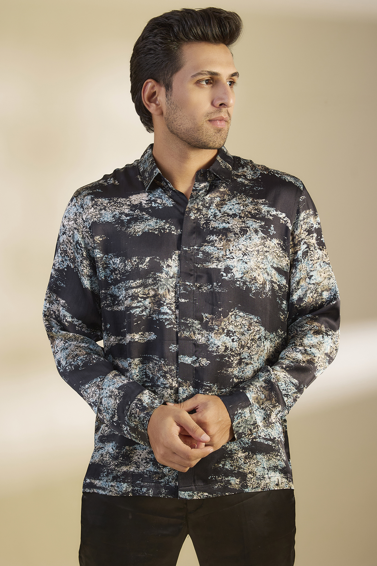 Black & Turquoise Silk Printed Shirt by Rohit Gandhi & Rahul Khanna Men