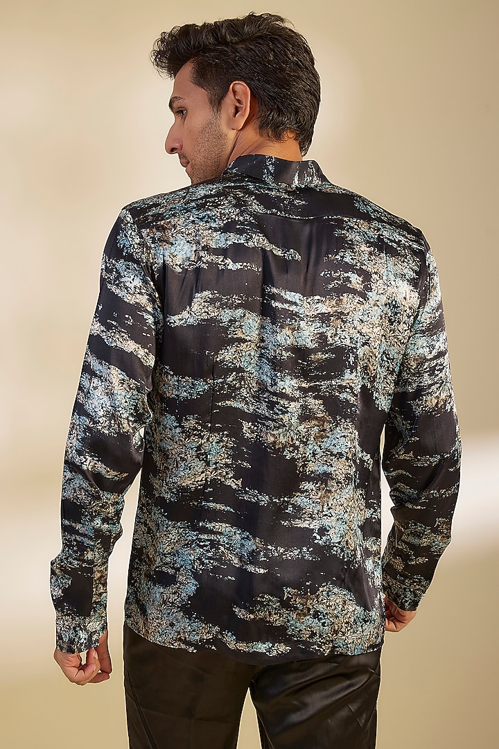 Black & Turquoise Silk Printed Wedding Shirt by Rohit Gandhi & Rahul Khanna Men at Pernia's Pop Up Shop