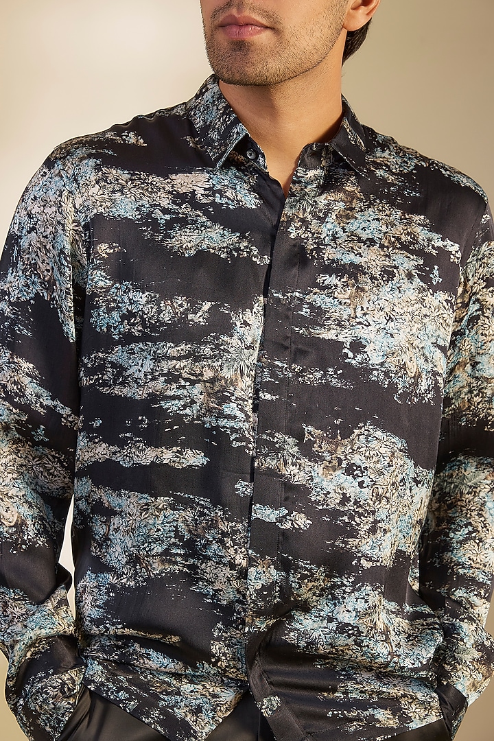 Black & Turquoise Silk Printed Wedding Shirt by Rohit Gandhi & Rahul Khanna Men at Pernia's Pop Up Shop