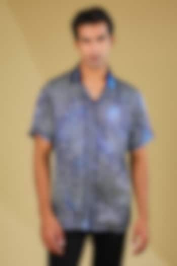 Blue Silk Printed Wedding Shirt by Rohit Gandhi & Rahul Khanna Men at Pernia's Pop Up Shop