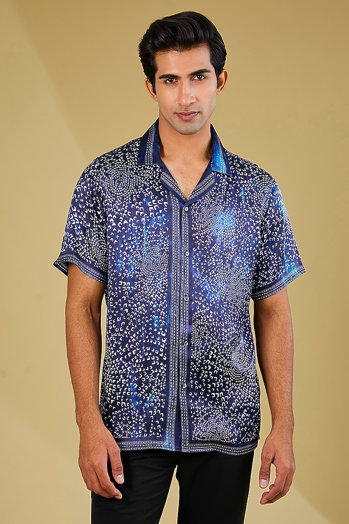 Blue Silk Printed Wedding Shirt by Rohit Gandhi & Rahul Khanna Men at Pernia's Pop Up Shop