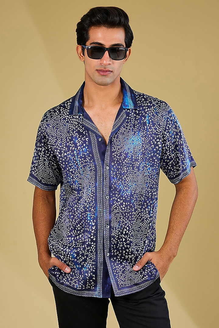 Blue Silk Printed Wedding Shirt by Rohit Gandhi & Rahul Khanna Men at Pernia's Pop Up Shop