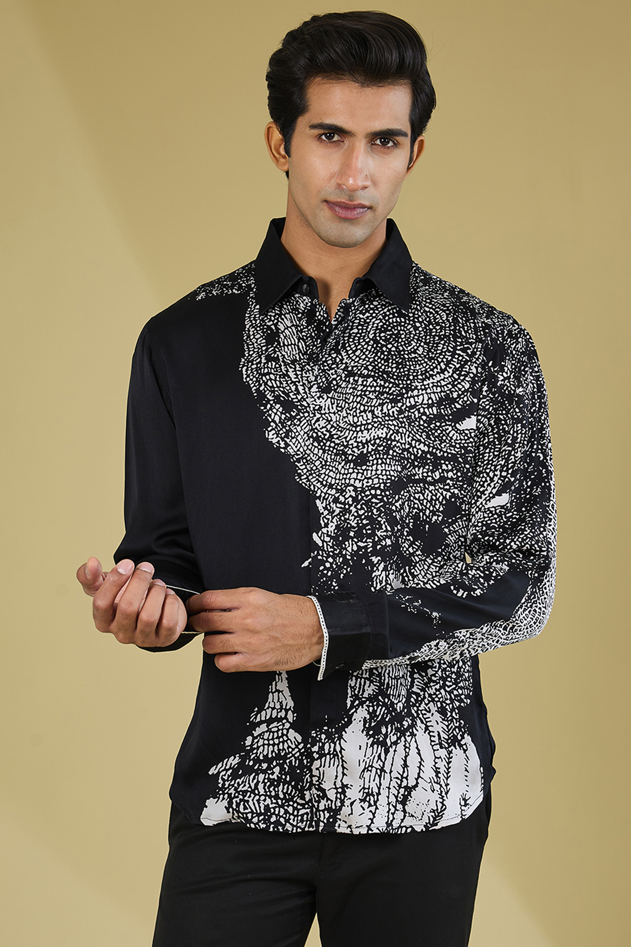 Black & White Silk Printed Shirt by Rohit Gandhi & Rahul Khanna Men