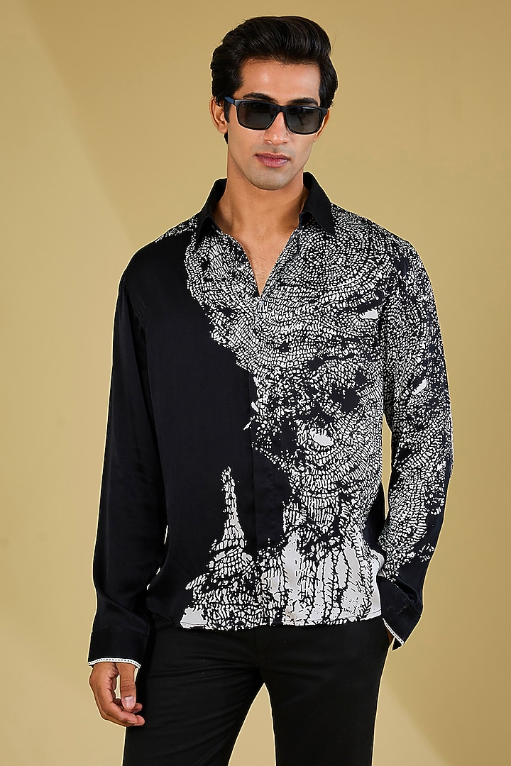 Black & White Silk Printed Wedding Shirt by Rohit Gandhi & Rahul Khanna Men at Pernia's Pop Up Shop
