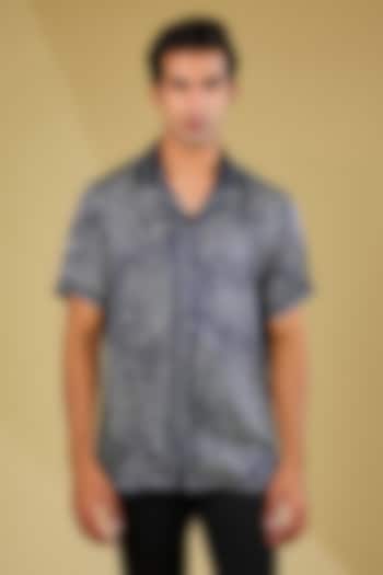 Midnight Navy Blue Silk Printed  sagar Wedding Shirt by Rohit Gandhi & Rahul Khanna Men at Pernia's Pop Up Shop