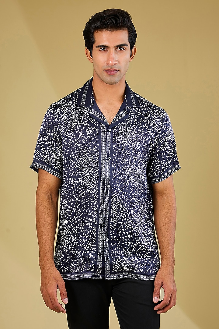 Midnight Navy Blue Silk Printed  sagar Wedding Shirt by Rohit Gandhi & Rahul Khanna Men at Pernia's Pop Up Shop