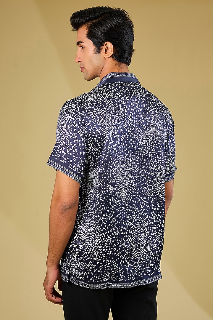 Midnight Navy Blue Silk Printed Wedding Shirt by Rohit Gandhi & Rahul Khanna Men at Pernia's Pop Up Shop