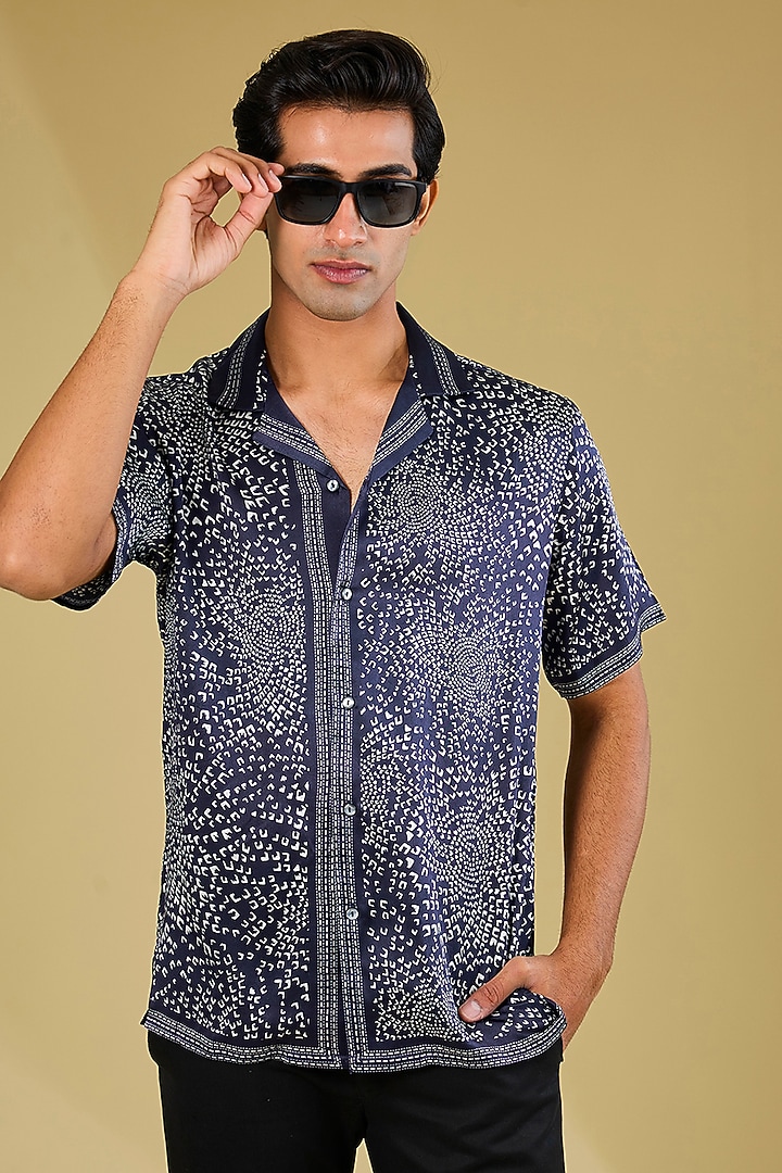 Midnight Navy Blue Silk Printed Wedding Shirt by Rohit Gandhi & Rahul Khanna Men at Pernia's Pop Up Shop
