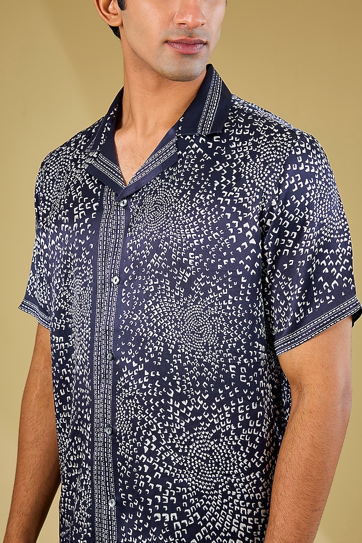 Midnight Navy Blue Silk Printed Wedding Shirt by Rohit Gandhi & Rahul Khanna Men at Pernia's Pop Up Shop