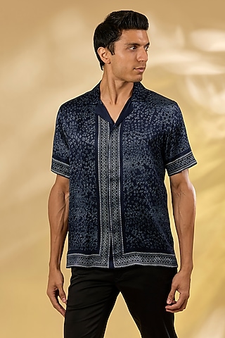Blue Silk Printed Shirt by Rohit Gandhi & Rahul Khanna Men