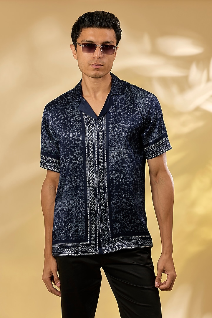 Blue Silk Printed Wedding Shirt by Rohit Gandhi & Rahul Khanna Men at Pernia's Pop Up Shop