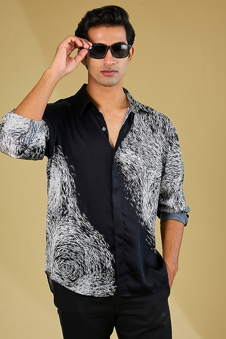 Black & White Silk Printed Wedding Shirt by Rohit Gandhi & Rahul Khanna Men at Pernia's Pop Up Shop