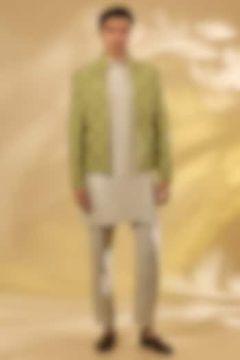 Leaf Green Raw Silk Embroidered Structured Groom Bandhgala Set by Rohit Gandhi & Rahul Khanna Men at Pernia's Pop Up Shop
