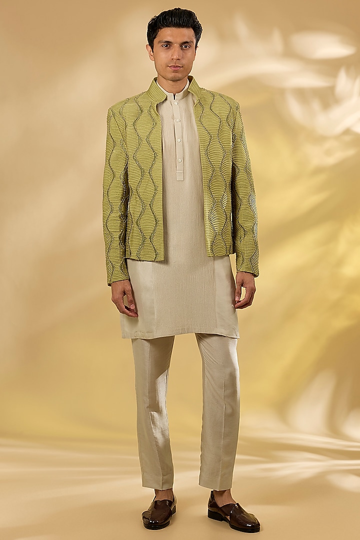 Leaf Green Raw Silk Embroidered Structured Groom Bandhgala Set by Rohit Gandhi & Rahul Khanna Men at Pernia's Pop Up Shop