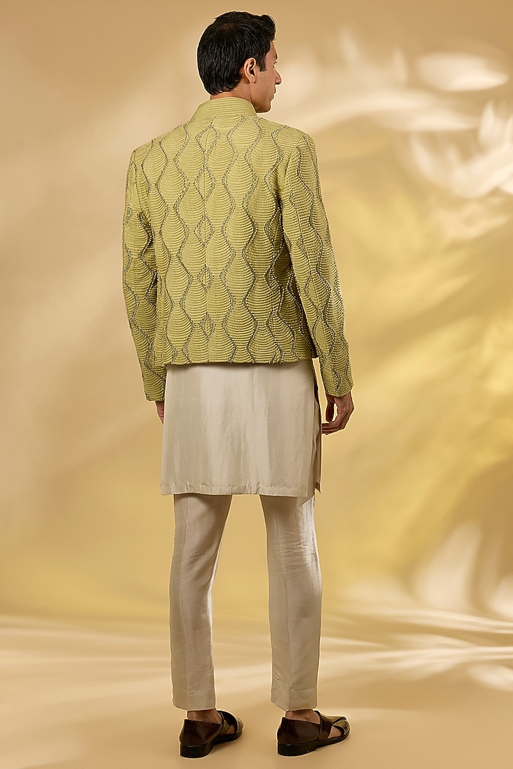 Leaf Green Raw Silk Embroidered Structured Groom Bandhgala Set by Rohit Gandhi & Rahul Khanna Men at Pernia's Pop Up Shop