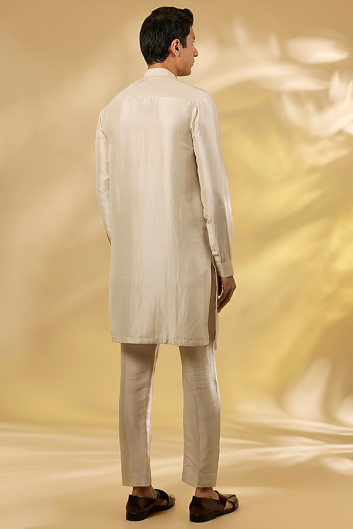 Leaf Green Raw Silk Embroidered Structured Groom Bandhgala Set by Rohit Gandhi & Rahul Khanna Men at Pernia's Pop Up Shop