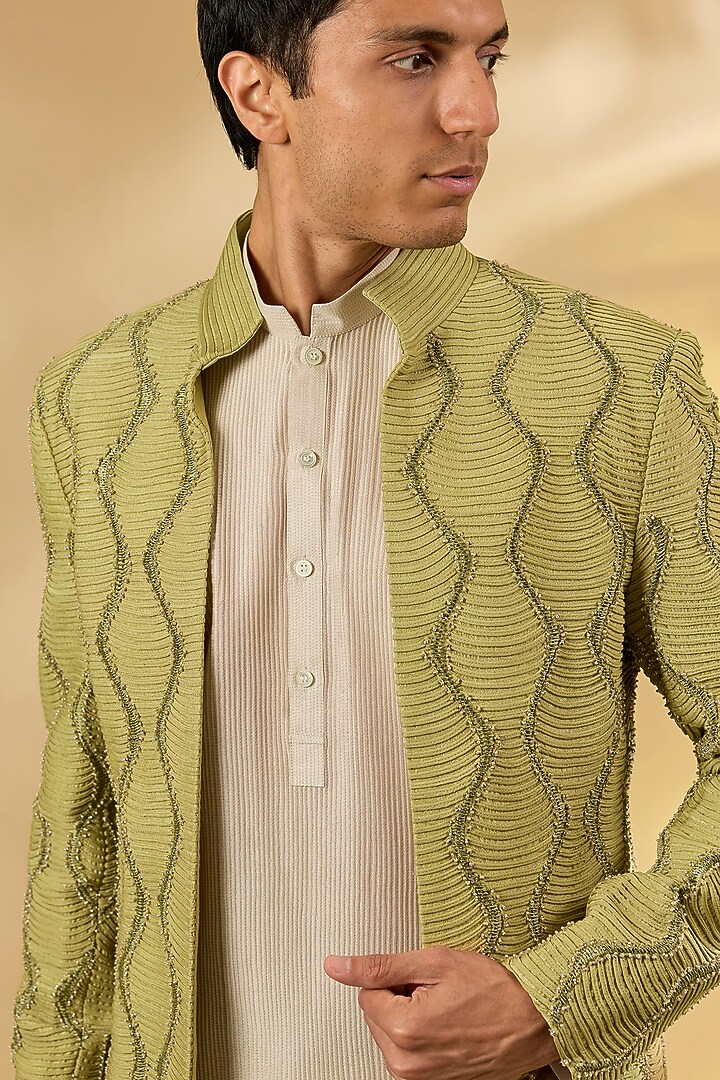 Leaf Green Raw Silk Embroidered Structured Groom Bandhgala Set by Rohit Gandhi & Rahul Khanna Men at Pernia's Pop Up Shop