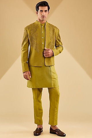 Dark lime Matka Silk Crystal Embroidered Bandhgala Set by Rohit Gandhi & Rahul Khanna Men