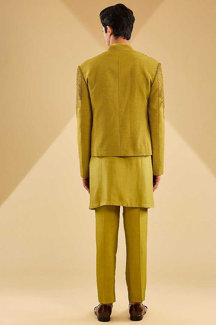 Dark lime Matka Silk Crystal Embroidered Groom Bandhgala Set by Rohit Gandhi & Rahul Khanna Men at Pernia's Pop Up Shop