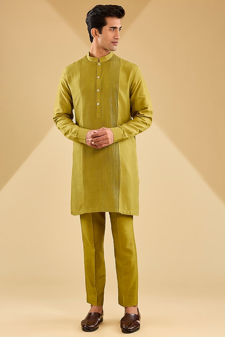 Dark lime Matka Silk Crystal Embroidered Groom Bandhgala Set by Rohit Gandhi & Rahul Khanna Men at Pernia's Pop Up Shop