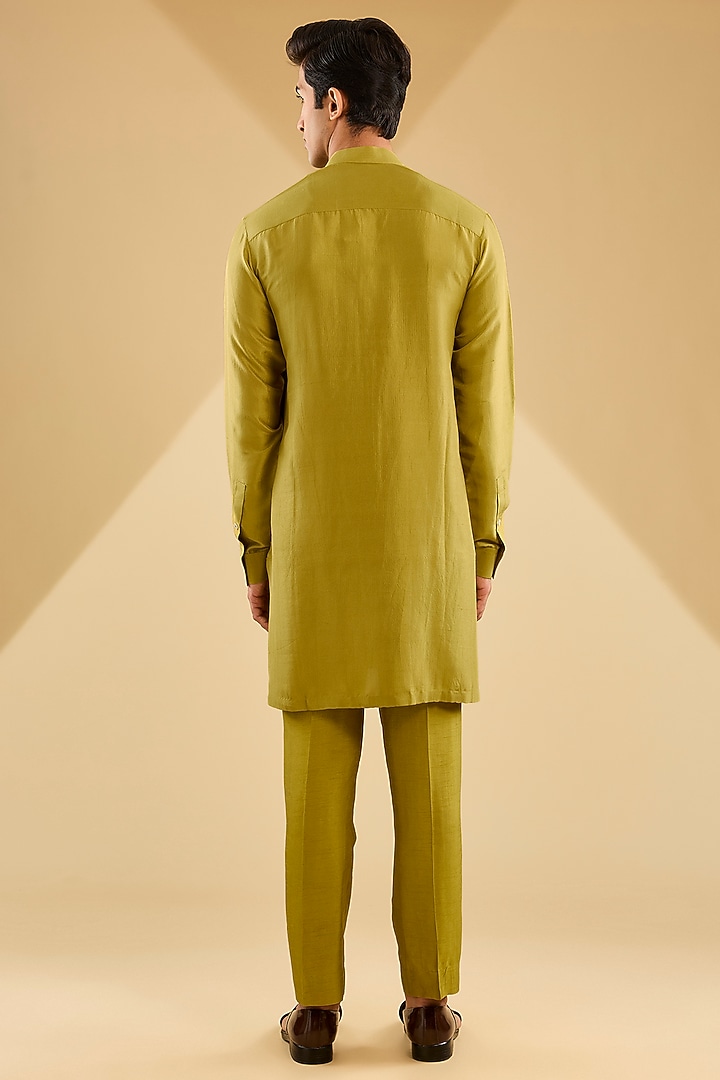 Dark lime Matka Silk Crystal Embroidered Groom Bandhgala Set by Rohit Gandhi & Rahul Khanna Men at Pernia's Pop Up Shop