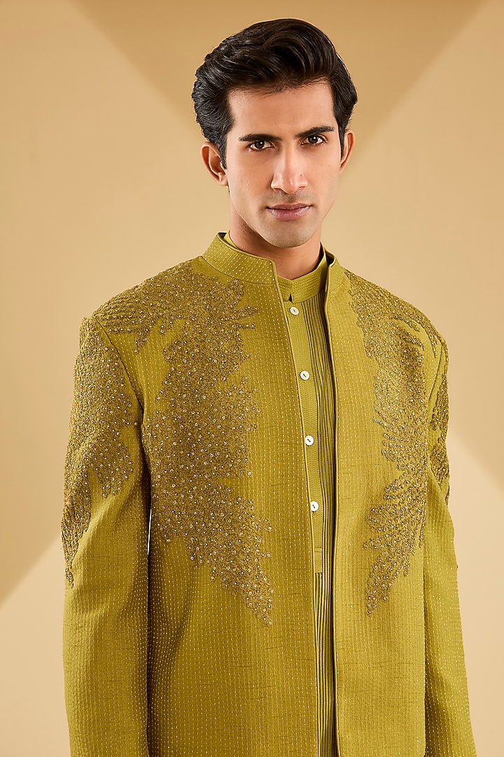 Dark lime Matka Silk Crystal Embroidered Groom Bandhgala Set by Rohit Gandhi & Rahul Khanna Men at Pernia's Pop Up Shop