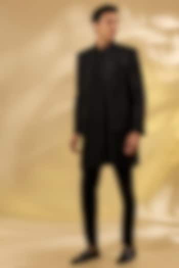 Black Raw Silk Embroidered Structured Groom Indowestern Set by Rohit Gandhi & Rahul Khanna Men at Pernia's Pop Up Shop