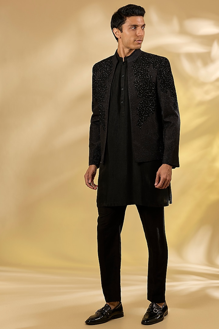 Black Raw Silk Embroidered Structured Groom Indowestern Set by Rohit Gandhi & Rahul Khanna Men at Pernia's Pop Up Shop