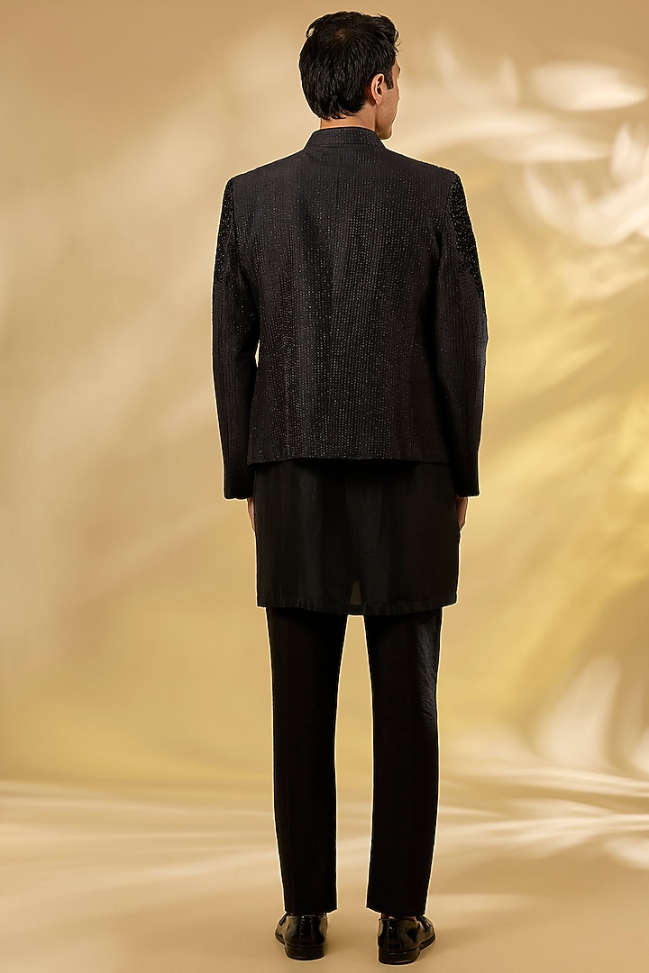 Black Raw Silk Embroidered Structured Groom Indowestern Set by Rohit Gandhi & Rahul Khanna Men at Pernia's Pop Up Shop