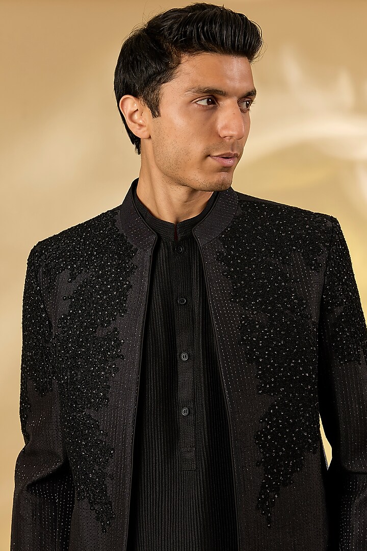 Black Raw Silk Embroidered Structured Groom Indowestern Set by Rohit Gandhi & Rahul Khanna Men at Pernia's Pop Up Shop