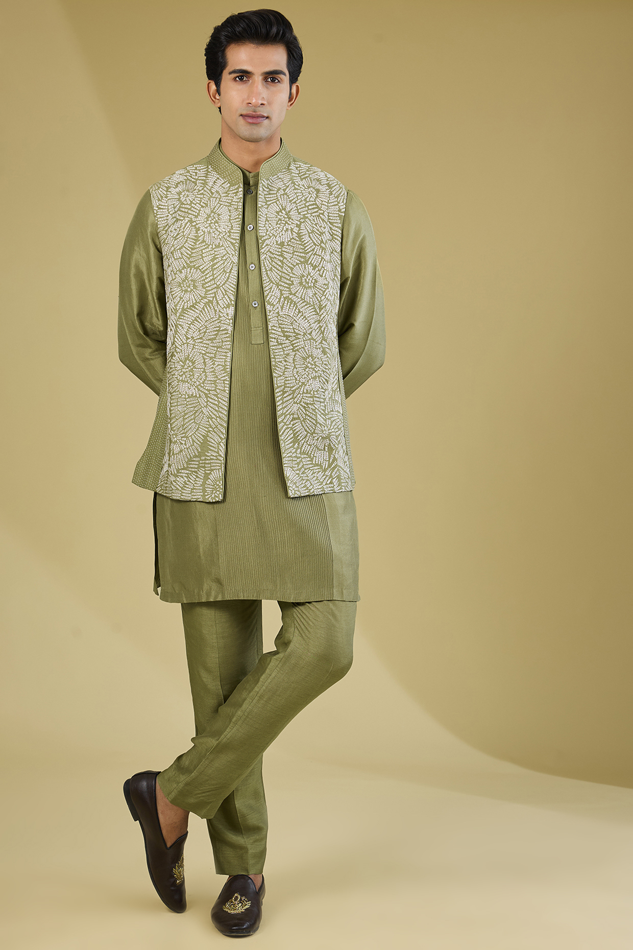 Ash Green Dupion Silk Embroidered Nehru Jacket Set by Rohit Gandhi & Rahul Khanna Men