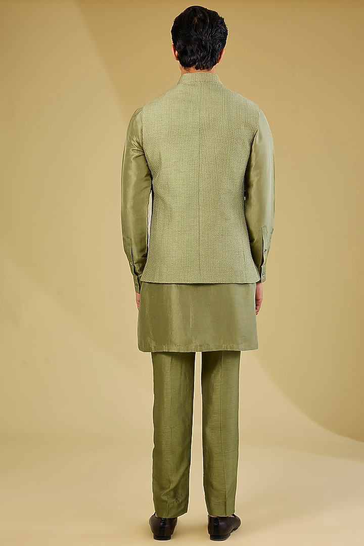 Ash Green Dupion Silk Embroidered Nehru Jacket Set by Rohit Gandhi & Rahul Khanna Men at Pernia's Pop Up Shop