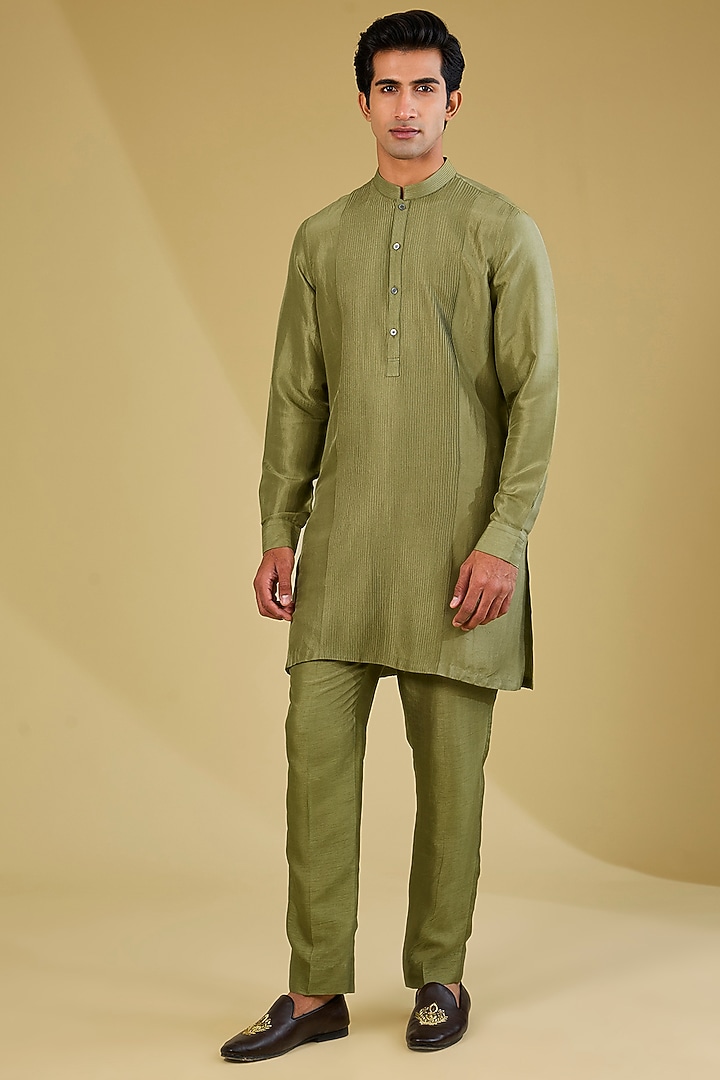 Ash Green Dupion Silk Embroidered Nehru Jacket Set by Rohit Gandhi & Rahul Khanna Men at Pernia's Pop Up Shop