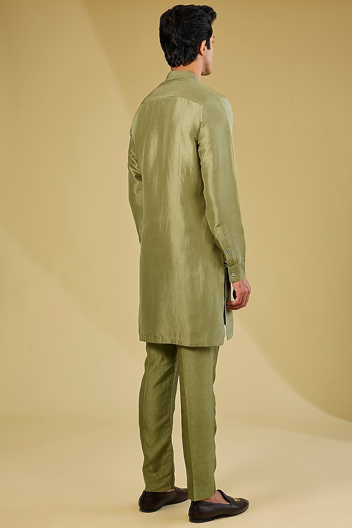 Ash Green Dupion Silk Embroidered Nehru Jacket Set by Rohit Gandhi & Rahul Khanna Men at Pernia's Pop Up Shop