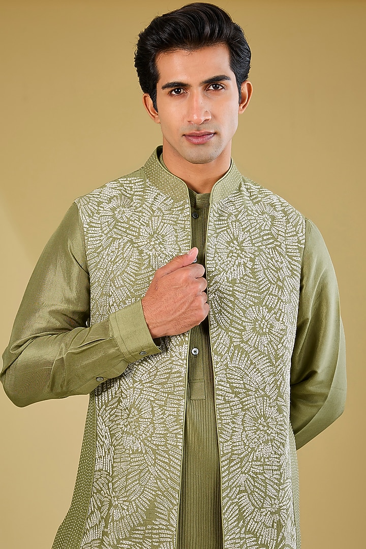 Ash Green Dupion Silk Embroidered Nehru Jacket Set by Rohit Gandhi & Rahul Khanna Men at Pernia's Pop Up Shop