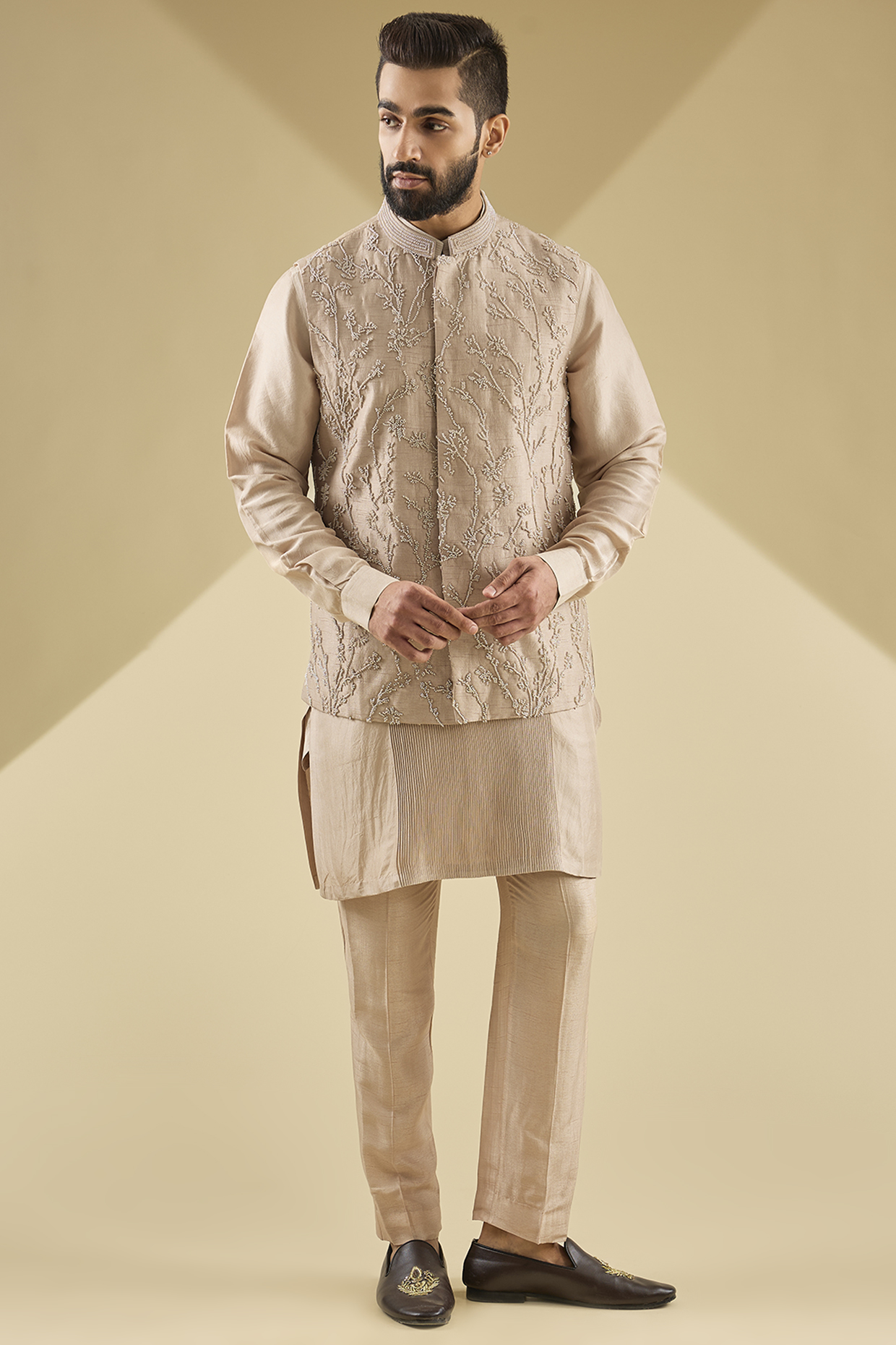 Ecru Dupion Silk Embroidered Bundi Jacket Set by Rohit Gandhi & Rahul Khanna Men