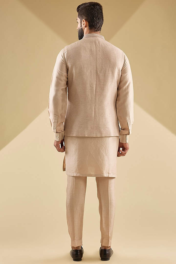 Ecru Dupion Silk Embroidered Nehru Jacket Set by Rohit Gandhi & Rahul Khanna Men at Pernia's Pop Up Shop