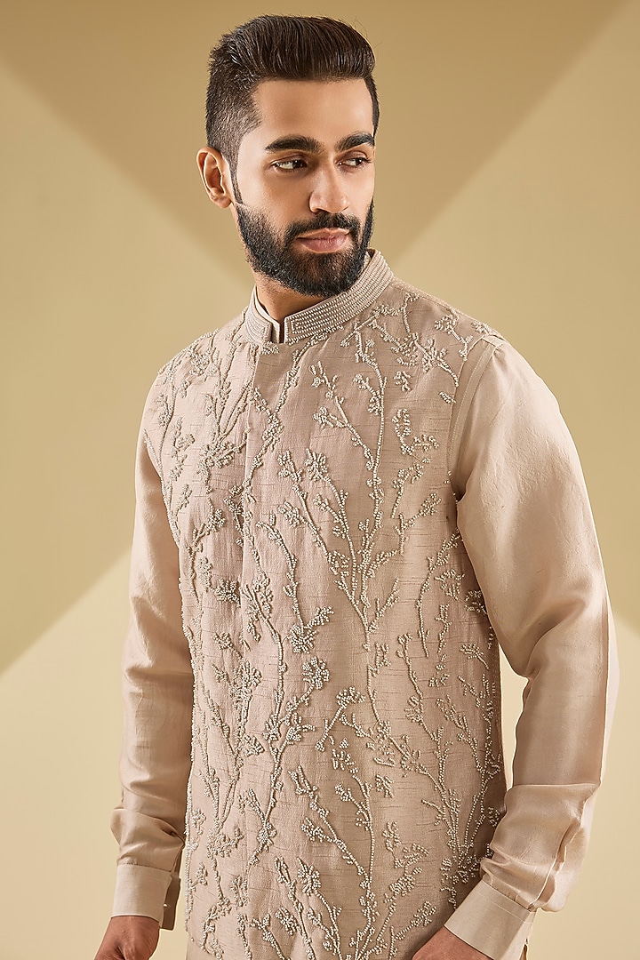 Ecru Dupion Silk Embroidered Nehru Jacket Set by Rohit Gandhi & Rahul Khanna Men at Pernia's Pop Up Shop