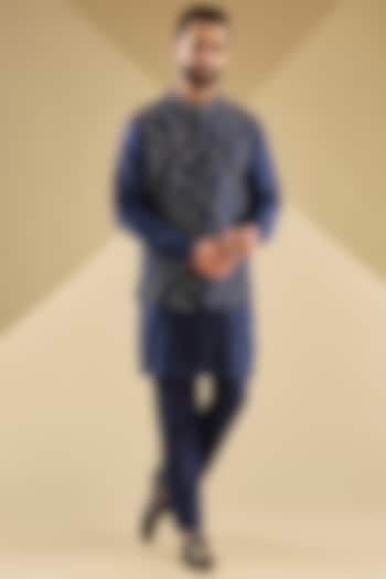 Navy Blue Dupion Silk Embroidered Bundi Jacket Set by Rohit Gandhi & Rahul Khanna Men at Pernia's Pop Up Shop