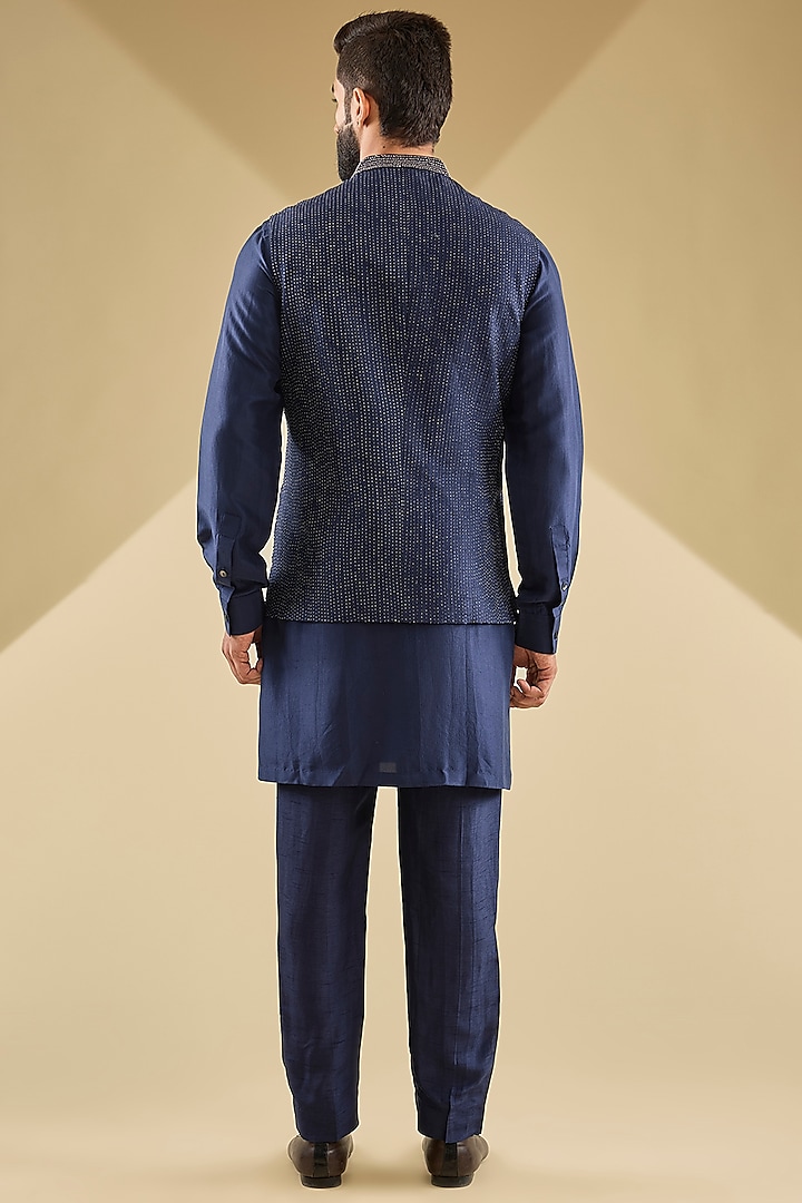 Navy Blue Dupion Silk Embroidered Nehru Jacket Set by Rohit Gandhi & Rahul Khanna Men at Pernia's Pop Up Shop