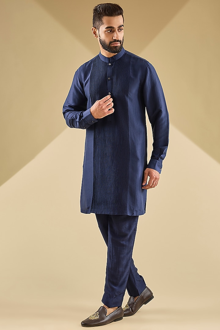 Navy Blue Dupion Silk Embroidered Nehru Jacket Set by Rohit Gandhi & Rahul Khanna Men at Pernia's Pop Up Shop