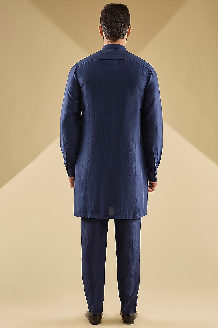 Navy Blue Dupion Silk Embroidered Nehru Jacket Set by Rohit Gandhi & Rahul Khanna Men at Pernia's Pop Up Shop