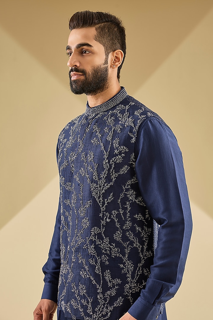 Navy Blue Dupion Silk Embroidered Nehru Jacket Set by Rohit Gandhi & Rahul Khanna Men at Pernia's Pop Up Shop