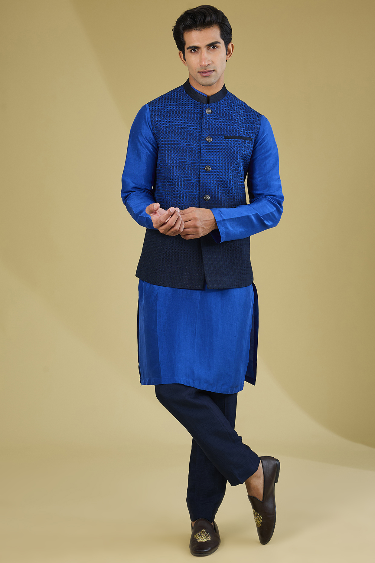 Breezy Black & Blue Dupion Silk Embroidered Ombre-Dyed Nehru Jacket Set by Rohit Gandhi & Rahul Khanna Men