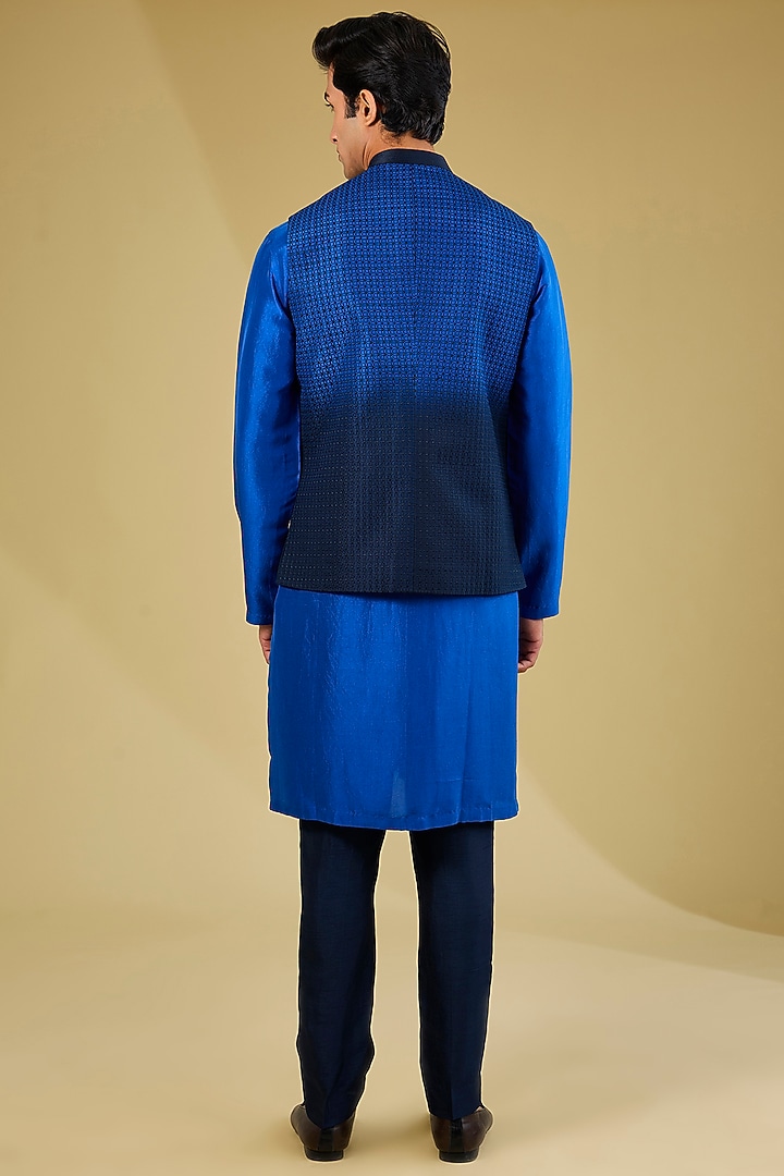 Breezy Black & Blue Dupion Silk Embroidered Ombre-Dyed Nehru Jacket Set by Rohit Gandhi & Rahul Khanna Men at Pernia's Pop Up Shop