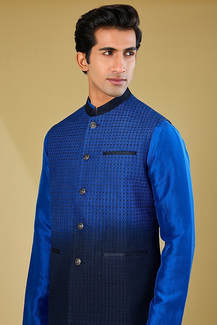 Breezy Black & Blue Dupion Silk Embroidered Ombre-Dyed Nehru Jacket Set by Rohit Gandhi & Rahul Khanna Men at Pernia's Pop Up Shop