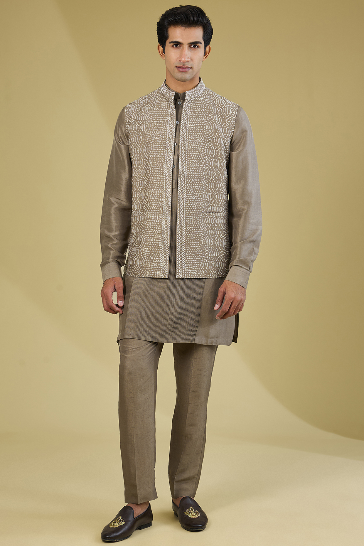 Mocha-Colored Dupion Silk Embroidered Nehru Jacket Set by Rohit Gandhi & Rahul Khanna Men
